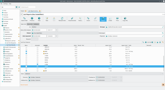 GNU Health LIMS που δείχνει δείγμα γενικής εξέτασης αίματος