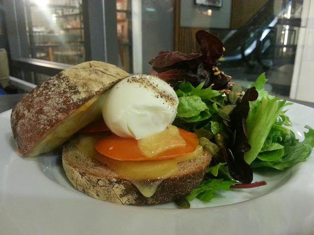 breakfast grilled tomato sourdough bread sandwich boiled egg runny yolk organic