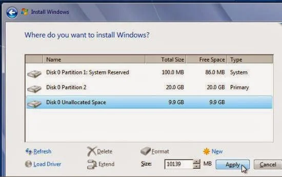 Instalare windows 7 - alocare spatiu ramas partitiei D: