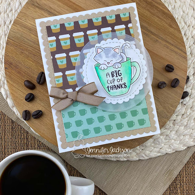 Cup of Thanks Cat Card by Jennifer Jackson | Coffee House Stories Paper Pad, Newton’s Mug Stamp Set, Frames &. Flags Die Set and Circle Frames Die Set by Newton’s Nook Designs #newtonsnook