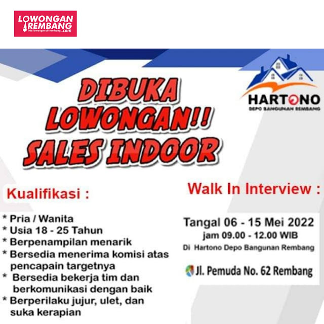 2 Lowongan Kerja Admin Pengiriman dan Sales Indoor Hartono Depo Bangunan Rembang