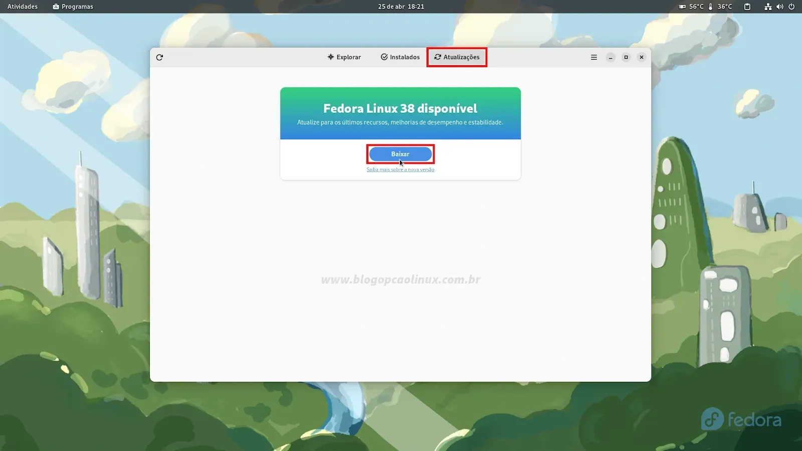 Clique no botão 'Baixar' para iniciar o download da nova versão do Fedora