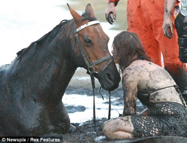 Woman and Horse Trapped in Mud