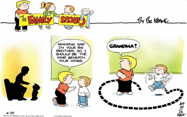 Family Circus sunday strip: Grandma tells Jeffy he has wings and he runs around flapping his arms like an idiot