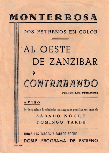 AL OESTE DE ZANZÍBAR. España, programa de mano, dorso: 10,8 x 15 cms. Imprenta: Ferrando. De mi colección de programas de mano. 🎦AL OESTE DE ZANZÍBAR 🎥West of Zanzibar 📅1954. Reino Unido. Dirección: Harry Watt. Reparto: Anthony Steel, Sheila Sim, William Simons, Orlando Martins, Edric Connor.