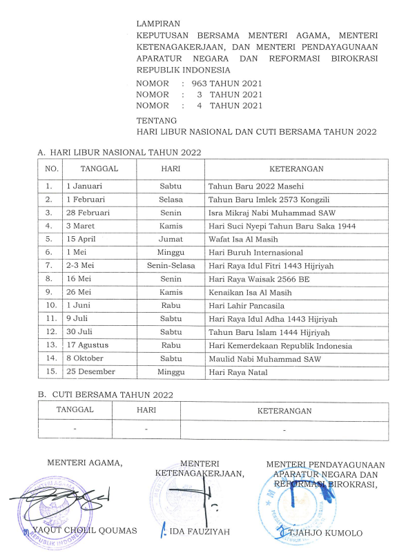 Ini Daftar Hari Libur Nasional dan Cuti Bersama Tahun 2022