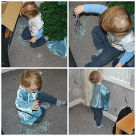 collage of toddler playing with beads and wearing the Christmas tree cape.