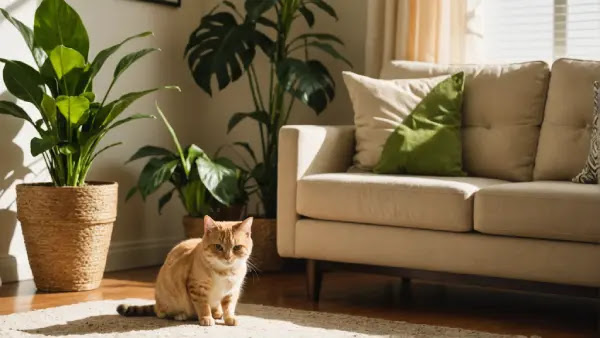 A bright living room with a neutral-colored sofa and a cozy beige rug. A ginger cat sits near tall potted plants, such as monstera and dracaena, basking in warm sunlight streaming through the window.