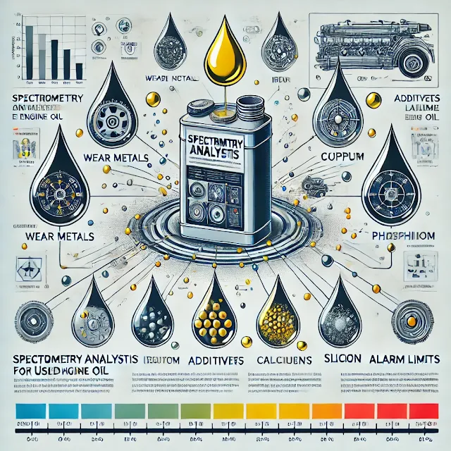 Spectrometry analysis of used engine oils identifies wear, contamination, and additive depletion, ensuring optimal engine health and performance.