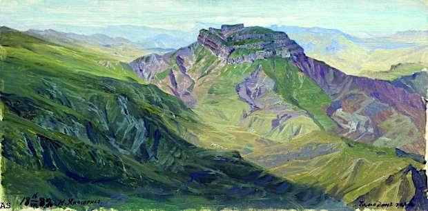 NIKOLAI YAROSHENKO (1846-1898), Gunib Mountain (1, 500m - 4,921ft) Russia (Republic of Dagestan)  In Hora Dagestan, oil on can vas, 1888, Private collection