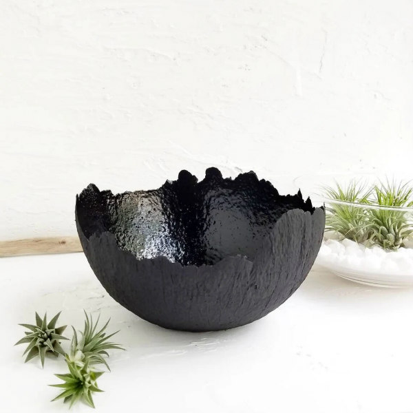 textured black bowl with rough edge on white surface on which air plants are placed