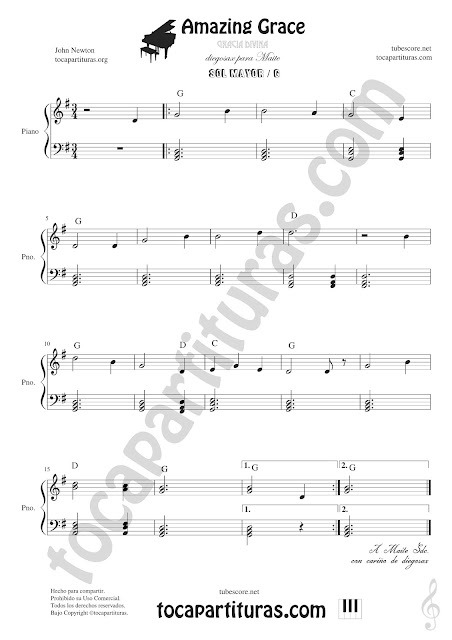  Amazing Grace partitura de Piano en Sol Mayor Easy Sheet Music for Piano in G