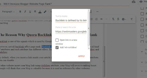 nofollow attribute in Blogger text editor