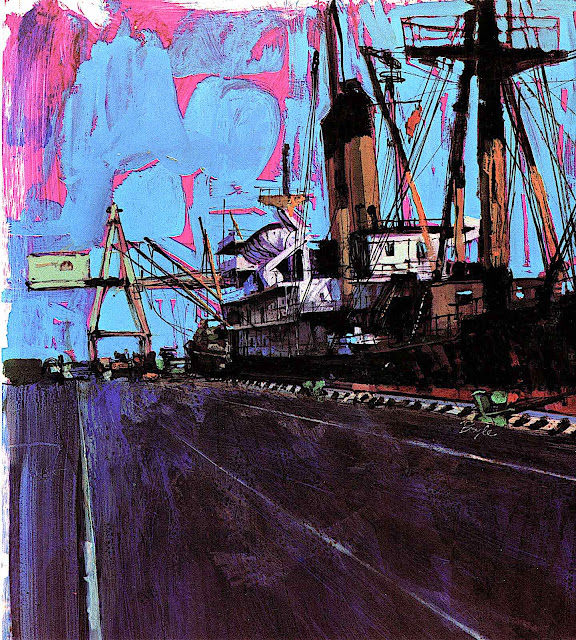 a Neil Boyle illustration of a cargo ship at dock, in purple