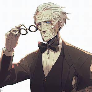 old age, butler, wearing glasses, cel anime, concept art