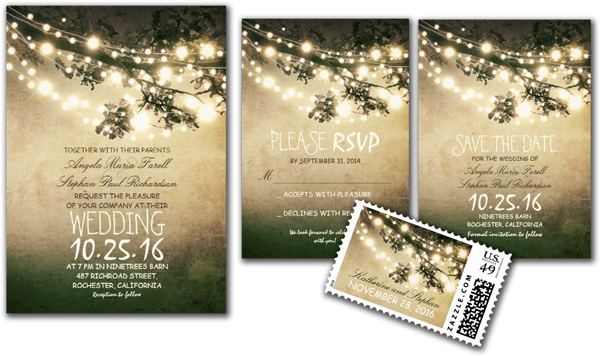  Rustic Tree Branches & String Lights Wedding Invites