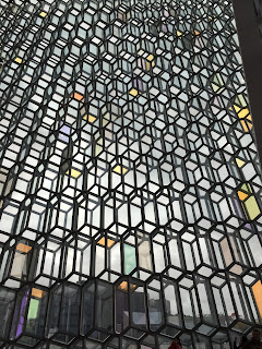 View of Harpa's glass wall from inside