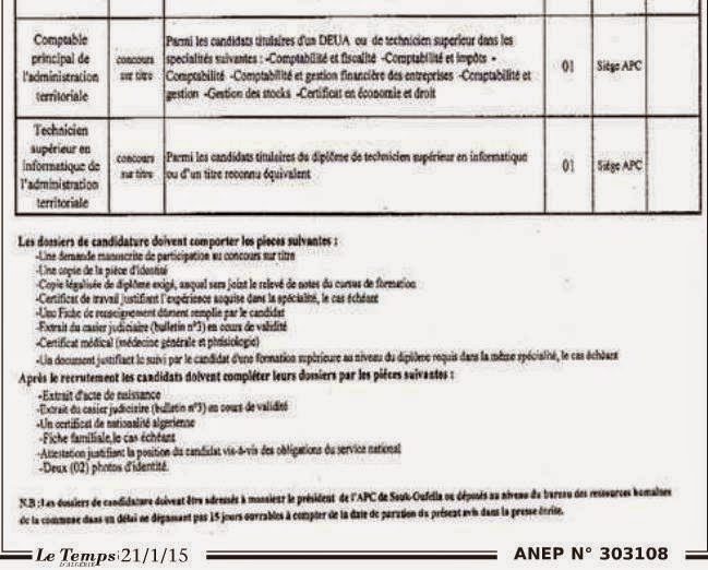 اعلان توظيف و عمل بلدية سوق اوفلة بجاية جانفي 2015