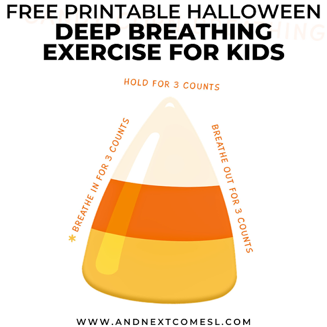 Halloween candy corn themed breathing exercise for kids with free printable poster