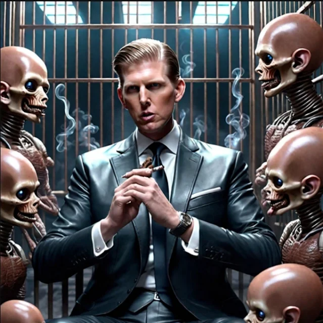 Eric Trump wearing leather suit smoking a cigar with robots all around