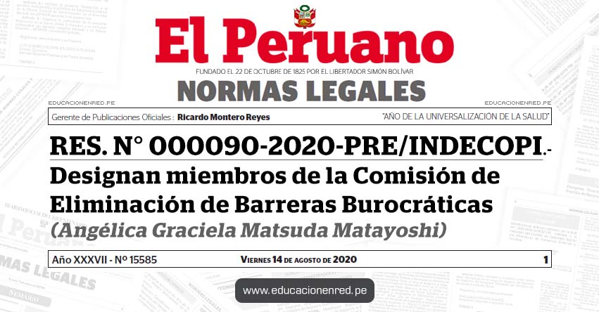 RES. N° 000090-2020-PRE/INDECOPI.-Designan miembros de la Comisión de Eliminación de Barreras Burocráticas (Angélica Graciela Matsuda Matayoshi)