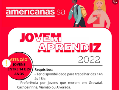 Americanas contrata JOVEM APRENDIZ em Gravataí, Cachoeirinha ou Alvorada