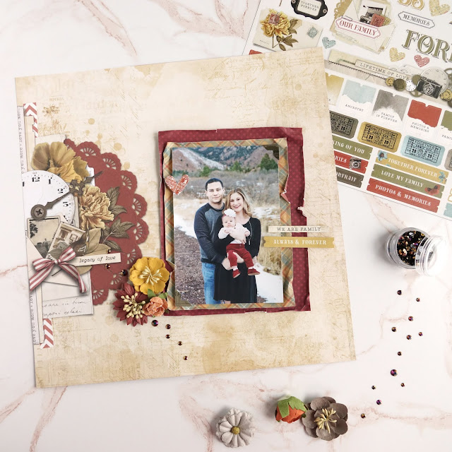 family portrait scrapbook layout; Simple Stories Simple Ancestry paper, stickers; paper flowers
