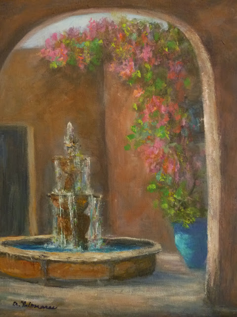 Tuscan Decor Painting of a Courtyard with a fountain and flowers