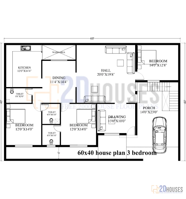 60x40 house plans with 3 bedrooms