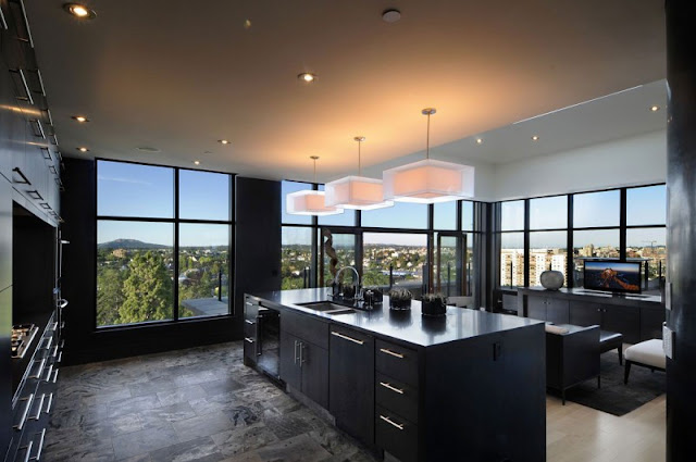 Picture of modern kitchen with the view on the green hills