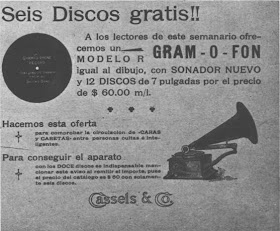 Otra  publicidad  de Cassels en  1901,  con  ilustración  del  Gram-0-Fon  y  un  disco de  laBanda De Sousa, excelente agrupación de modelo francés, que grabó numerosos tangos