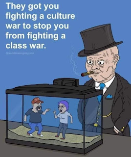 Image:  Plutocrat looking at two persons fighting inside an aquarium.  Caption:  They get you fighting a culture war to stop you from fighting a class war.