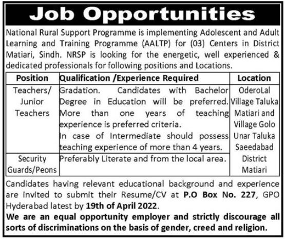 Latest National Rural Support Programme NRSP Management Posts Matiari 2022