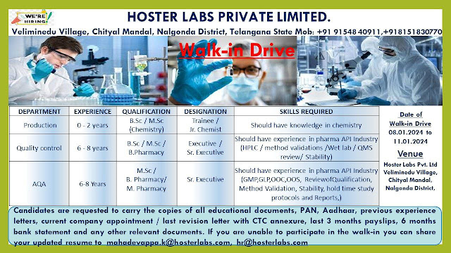 Hoster Labs Walk In Interview For Production/ QC/ AQA Department