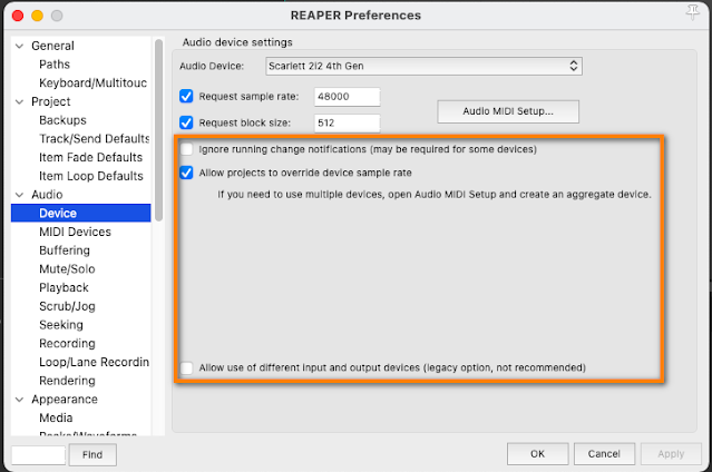 Keep Remaining Reaper Audio Device Settings on MAC as default