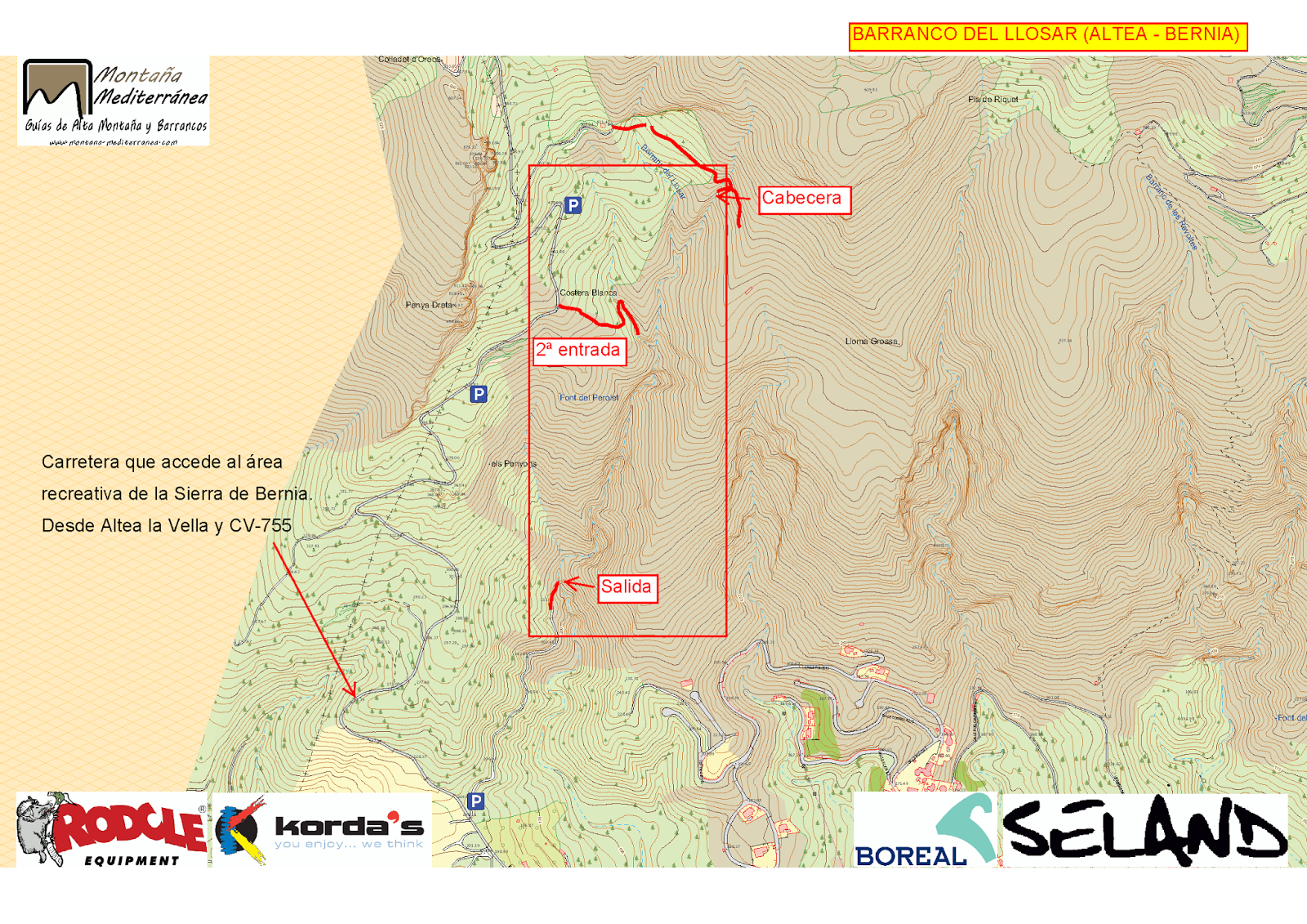 Mapa de acceso al barranco del Llosar (Serra de Bernia)