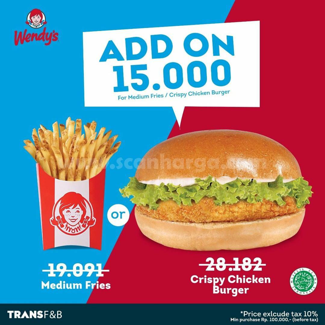 Promo WENDYS Medium Fries  Crispy Chicken Burger Harga hanya Rp 15.000