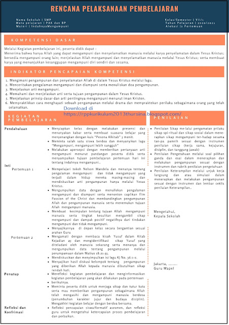 Contoh Format RPP INSPIRATIF SMP PAK dan BP Kelas VII Tahun 2020/2021