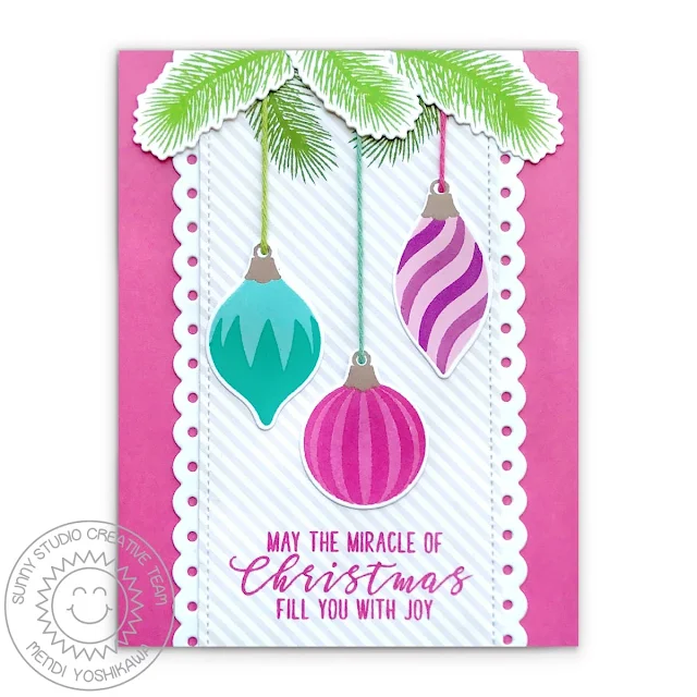 Sunny Studio Vintage Glass Ornaments Handmade Holiday Christmas Card with non-traditional colors (using Retro Ornaments, Classy Christmas & Inside Greetings Christmas Stamps & Slimline Basic Borer Dies)