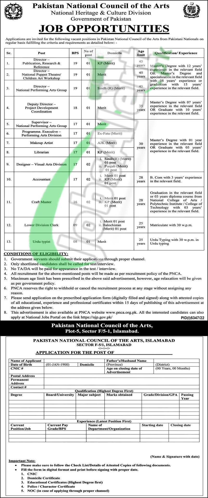 Pakistan National Council of Arts (PNCA) Islamabad Jobs 2023 Latest Advertisement