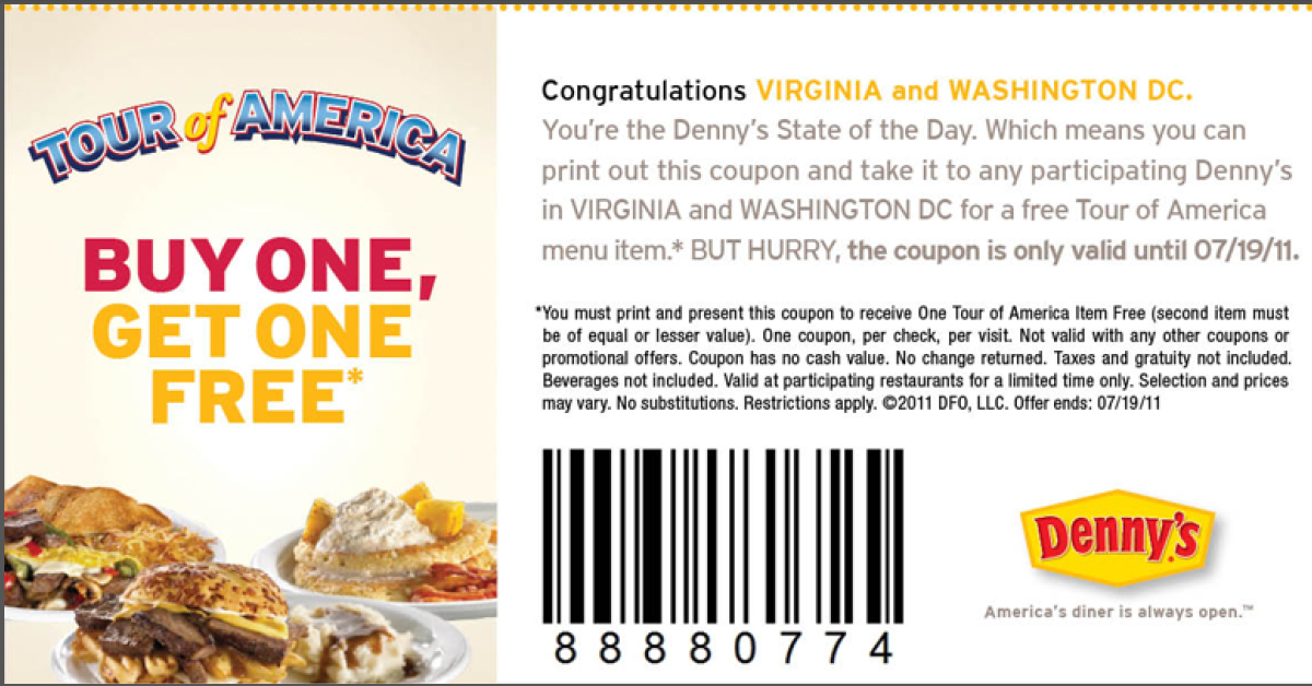 Together We Save Denny’s Buy One, Get One Free coupon offer