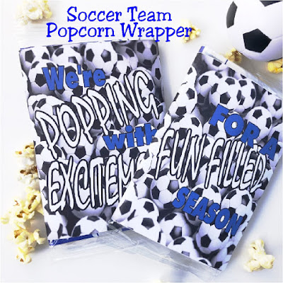 Excite your soccer team with a fun free printable for microwave popcorn.  You can print and wrap this soccer printable around the popcorn and give to each player before the start of the season or your first soccer game.  Great idea for Team Moms or Cheer teams. #soccer #soccerparty #soccerteam #teammom #popcorn #diypartymomblog