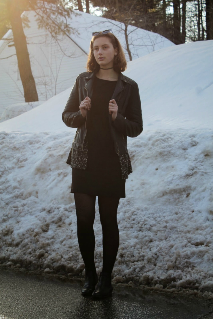 LBD, black leather jacket layered over a black and white cardiagn, Chelsea booties for a cute winter ootd