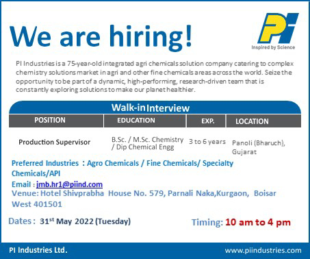 Job Availables,PI Industries Ltd. Walk-in Interview For BSc/ MSc/ Diploma Chemical Engineering