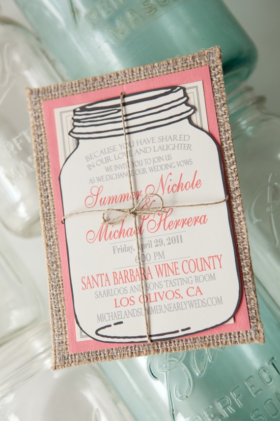 Blue envelope sells these fun mason jar and burlap wedding invitations