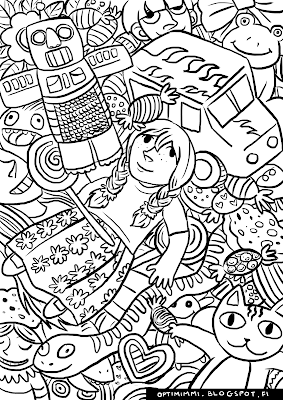 A coloring page of dolls and toys / Värityskuva nukeista ja leluista