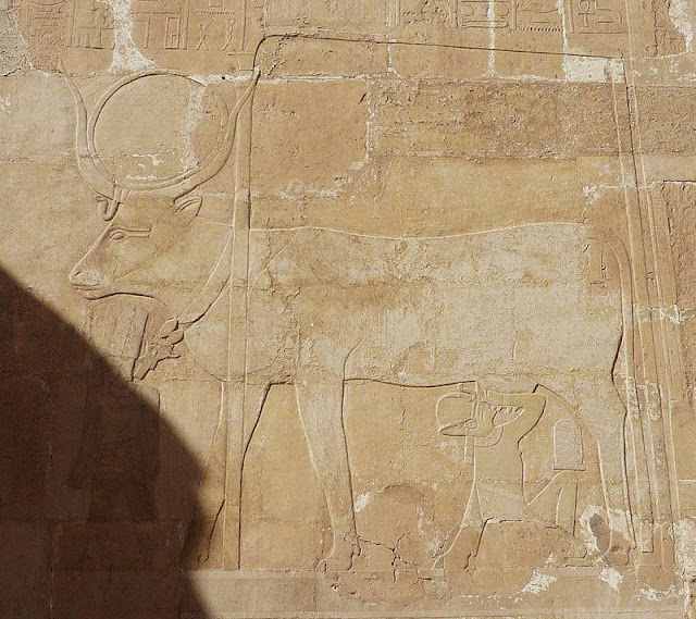 The goddess Hathor is in the form of a cow