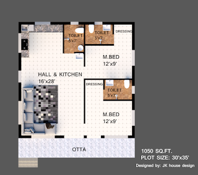 this image contains the modern house floor plan design in the plot size of 1050 sq. ft.