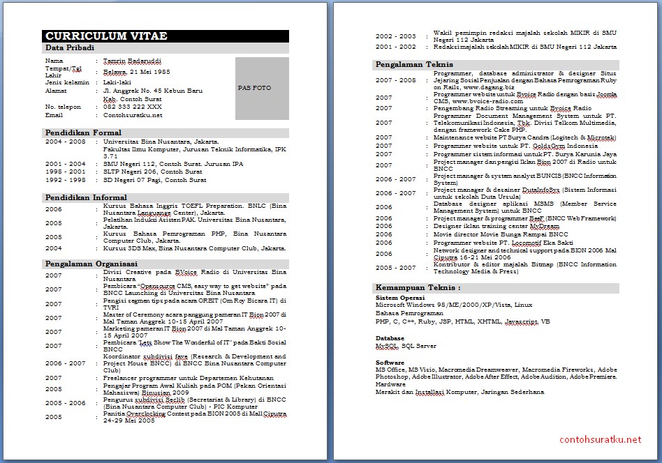 Download Contoh CV Daftar Riwayat Hidup Terlengkap Ms Word 