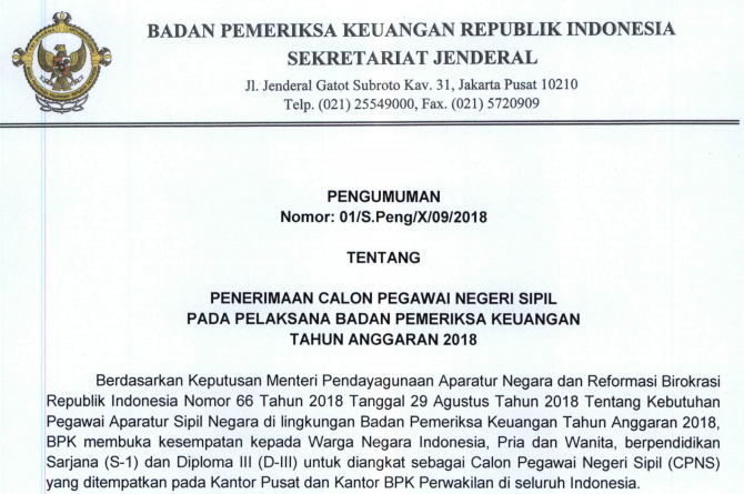 Pengumuman Cpns Tubuh Pemeriksa Keuangan (Bpk) Tahun 2018 | Tempat